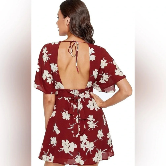 Floerns Women's Tropical Floral Plunging V Neck Tie Open Back Summer Short Dress - Picture 5 of 6